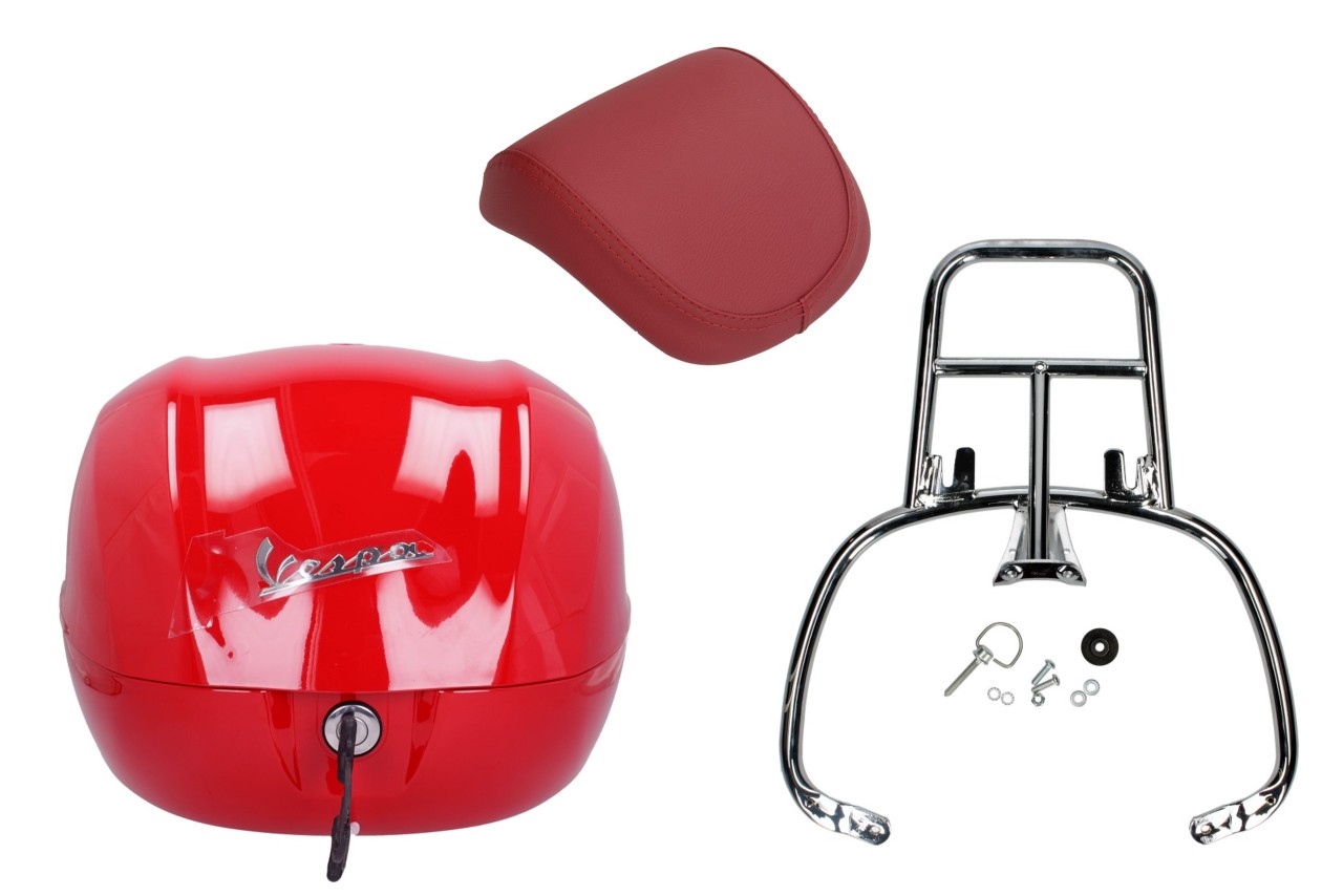 Kit baúl 32L rojo dragón (894), cojín trasero rojo para Vespa Sprint / Primavera