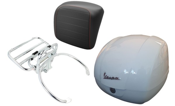 Kit baúl 36L blanco, portaequipajes cromado, cojín de respaldo negro con costuras naranjas para Vespa GTS