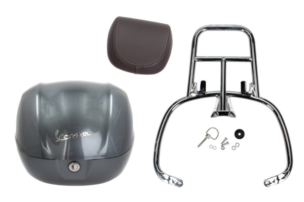 Kit Topcase 32L gris titanio (G03), respaldo marrón, portaequipajes cromado para Primavera