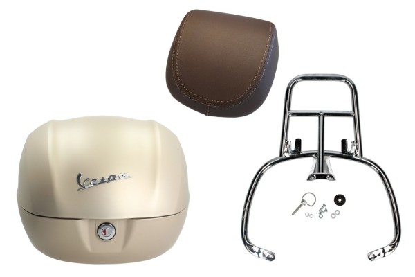 Kit baúl 32L beige unico mate opaco, respaldo marrón, portaequipajes cromado para Primavera